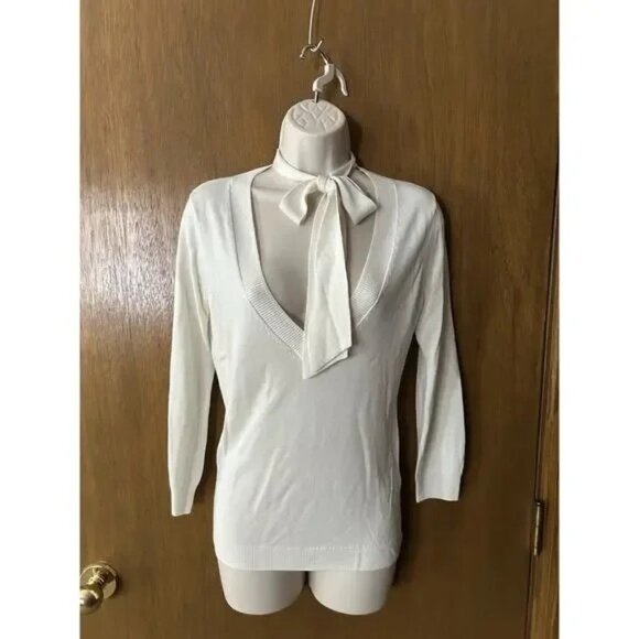 AG Adriano Goldschmied Silk Cashmere Blend V-Neck Sweater Neck Bow Tie Size Smal - Picture 1 of 5